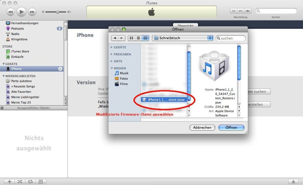 iTunes - Custom Firmware auswählen