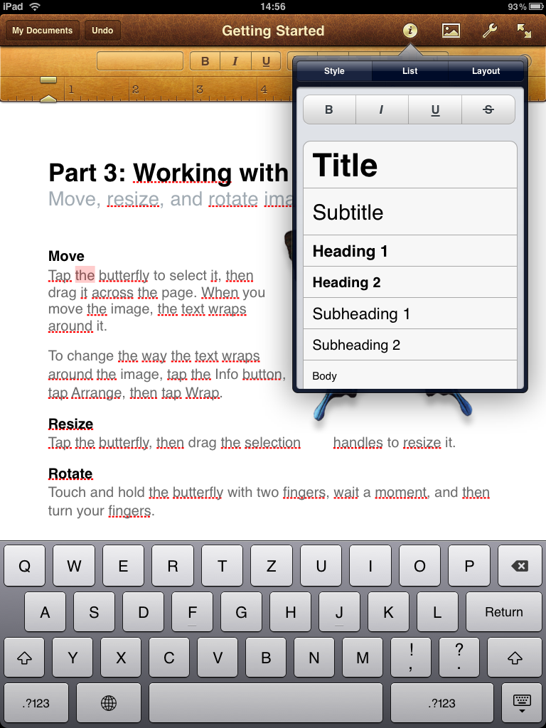 Pages für iPad - Optionen zur Text-Formatierung