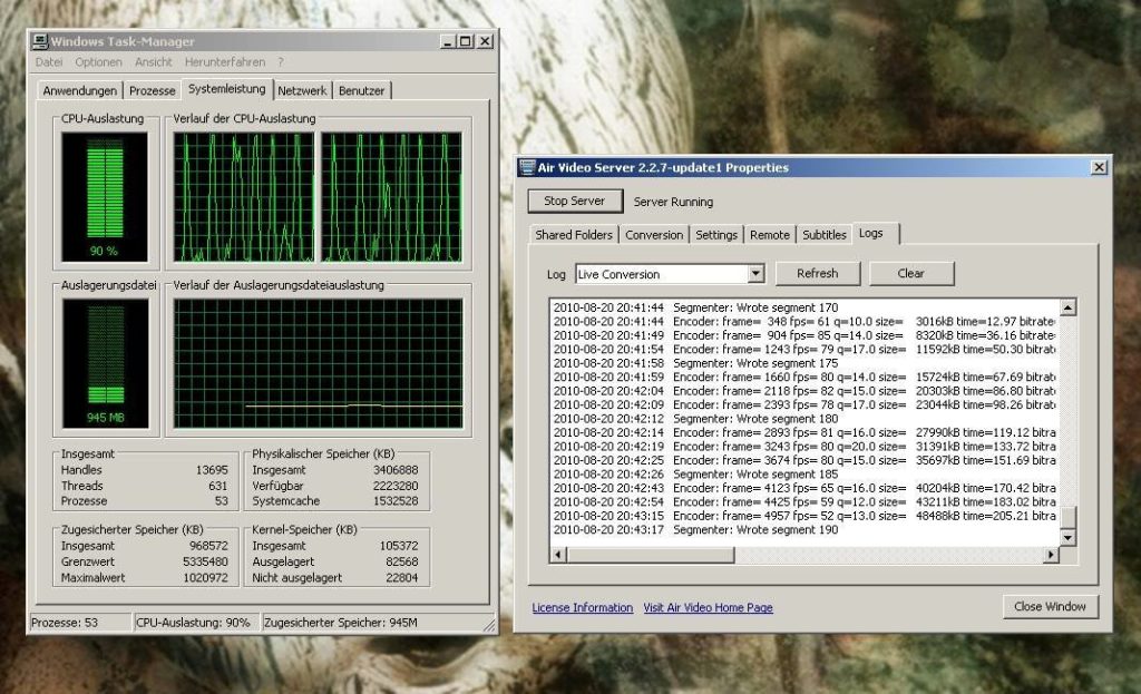 Air Video Systemauslastung - Screenshot Windows XP