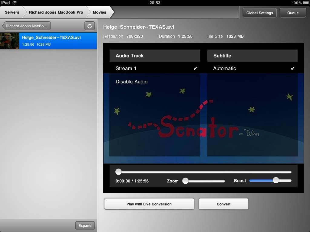 Air Video - Einstellungen-Dialog am iPad