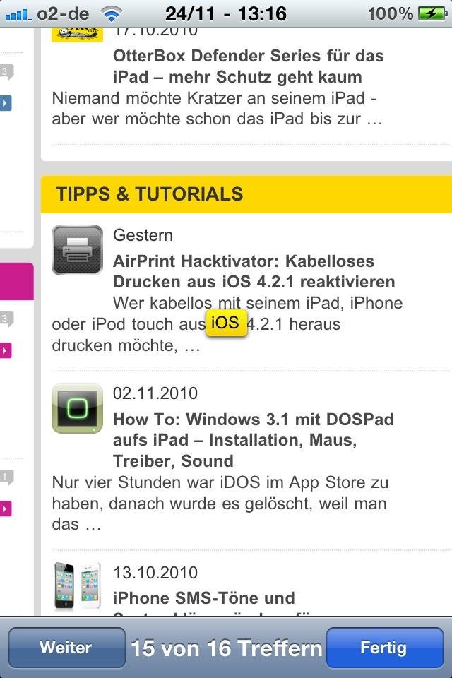 Mobile Safari - Navigation in Webseite durchsuchen