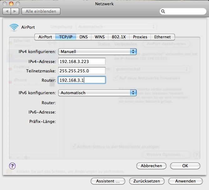 OS X 10.6.5 - WiFi-IP-Adresse manuell eingeben