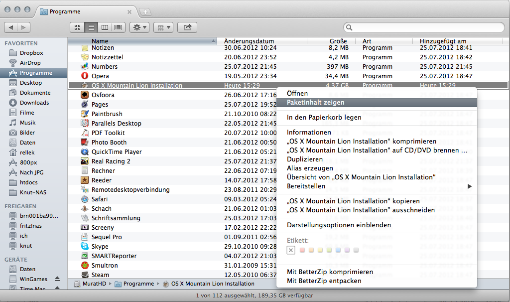 Finder - Paketinhalt anzeigen