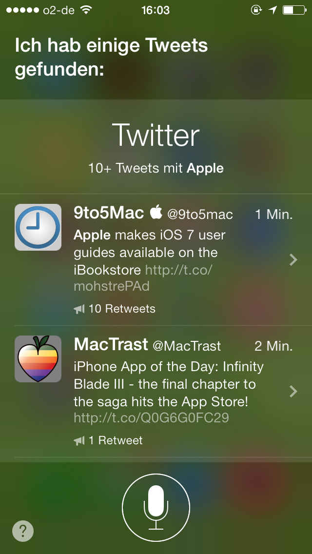 Ergebnisse der Twitter-Suche mit Siri in iOS 7 zum Suchwort Apple Ergebnisse der Twitter-Suche mit Siri in iOS 7 zum Suchwort Apple