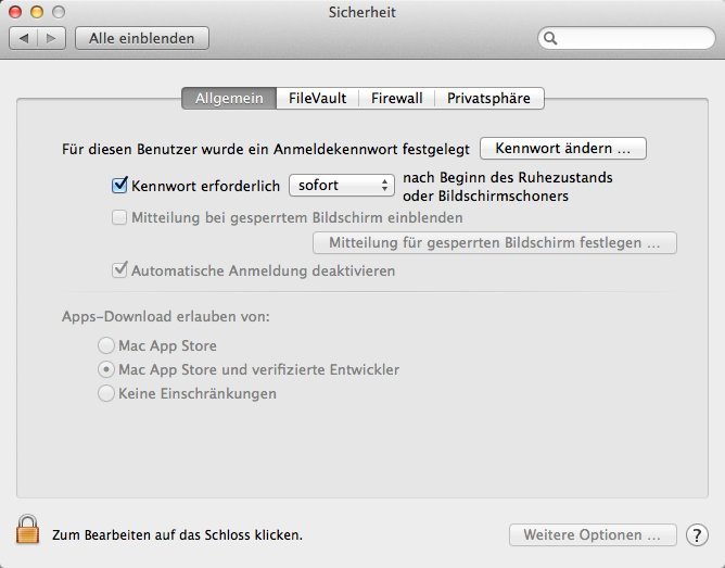 Sicherheitseinstellungen OS X Mavericks