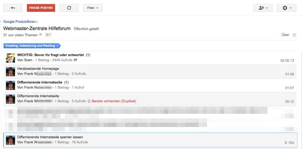 Webmaster-Tool-Forum - Frank W.s Meldungen zur Diffamierung