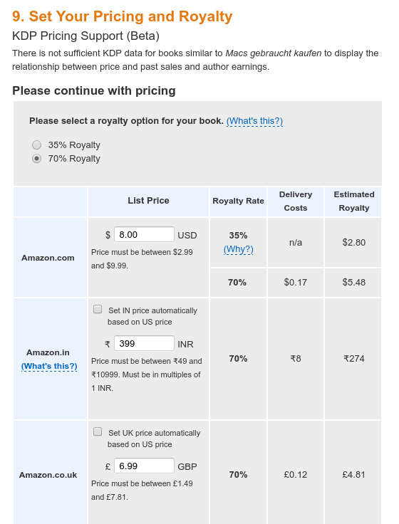 Kindle direct publishing - Preise angeben