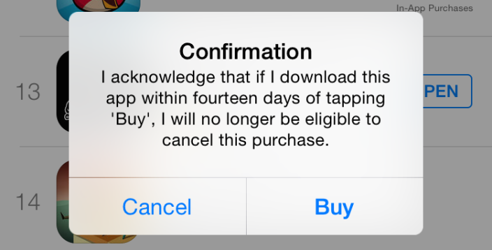 App Store - Hinweis auf Rücktritt vom Rückgaberecht