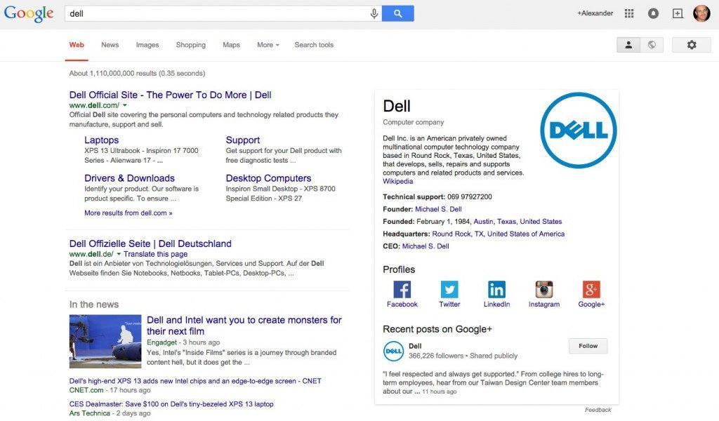 Dells Social-Media-Profile im Knowledge Graph