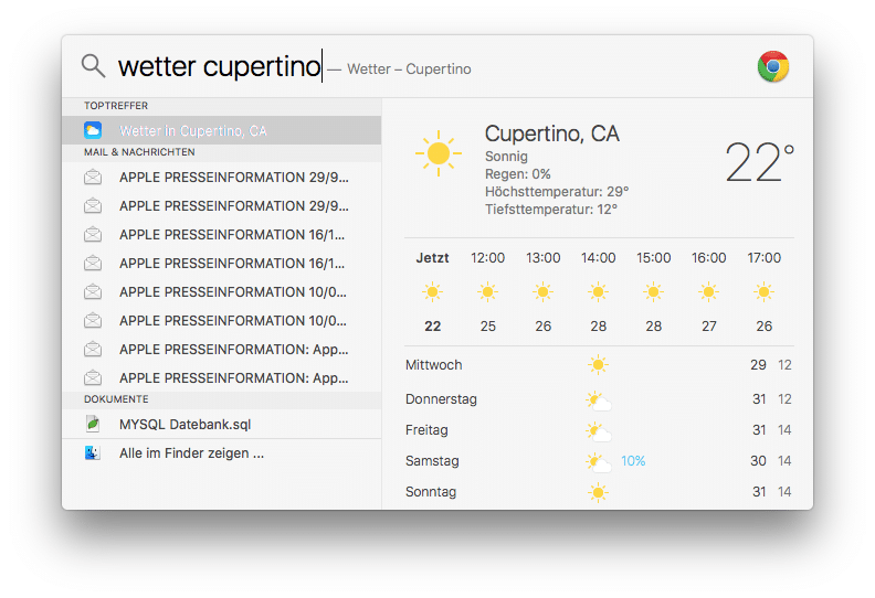 OS X El Capitan - Ergebnisse der Spotlightsuche zum Wetter in Cupertino