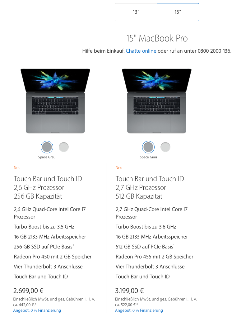 Apple Store Preisliste MacBook Pro 15 - Screenshot Apple.de