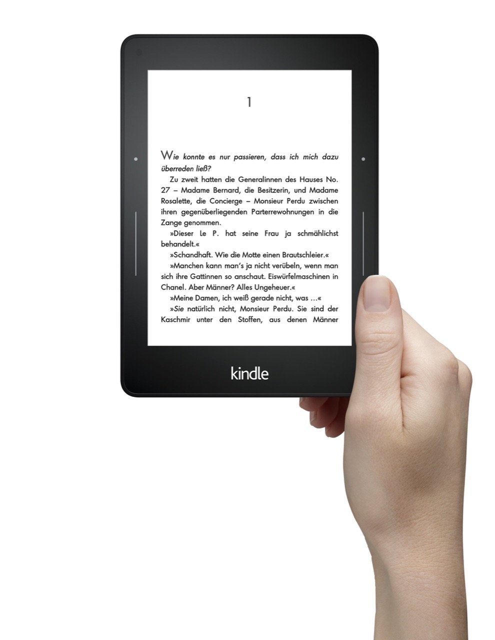 Amazon Kindle Voyage, Vorderseite, in der Hand - Amazon Presse