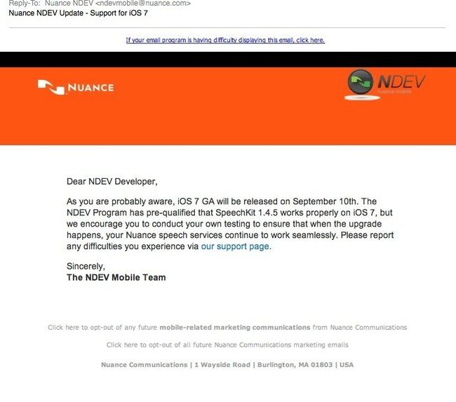 E-Mail von Nuance an Owen Williams bezüglich iOS-7-Release E-Mail von Nuance an Owen Williams bezüglich iOS-7-Release