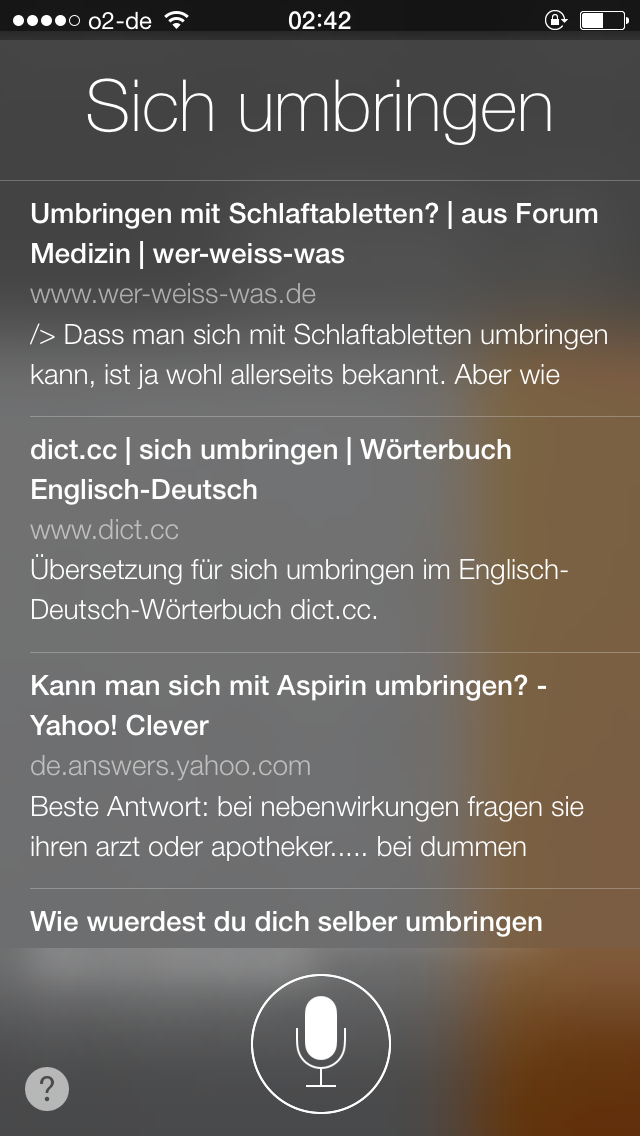 Siri-Reaktion, wenn man "sich umbringen" sagt Siri-Reaktion, wenn man "sich umbringen" sagt
