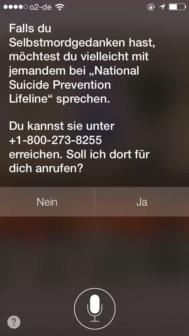 Siri-Reaktion, wenn man "Ich will mich umbringen" sagt Siri-Reaktion, wenn man "Ich will mich umbringen" sagt