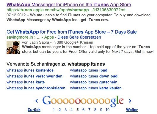 Google-Suche nach „Whatsapp iTunes“ Google-Suche nach „Whatsapp iTunes“