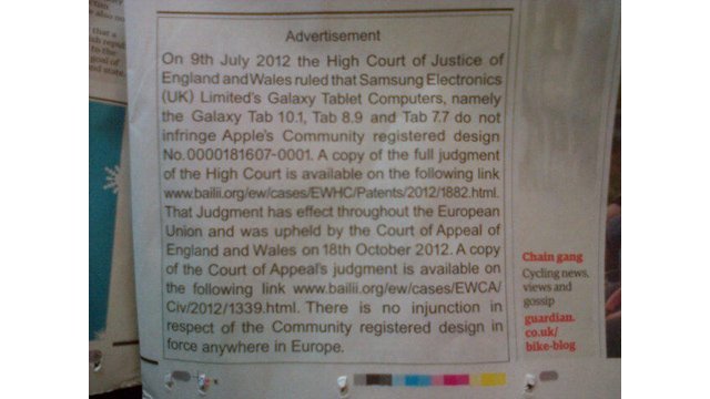 Anzeige von Apple im Guardian mit Entschuldigung bei Samsung Electronics Anzeige von Apple im Guardian mit Entschuldigung bei Samsung Electronics