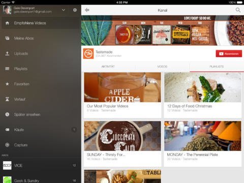 iPad-Screenshot der YouTube-App unter iOS 7. iPad-Screenshot der YouTube-App unter iOS 7.