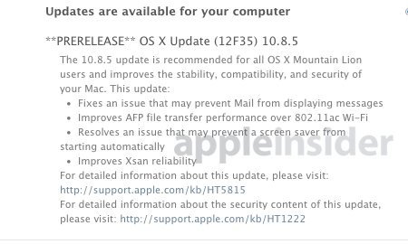 Vorabversion von OS X 10.8.5 Mountain Lion. Bild: AppleInsider Vorabversion von OS X 10.8.5 Mountain Lion. Bild: AppleInsider